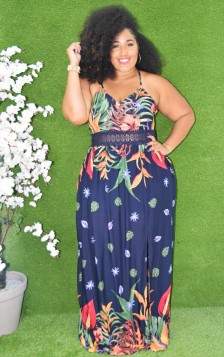 LOVE BIRD LEAF PRINT MAXI DRESS
