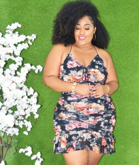 DATE NIGHT RUCHED FLORAL DRESS PLUS